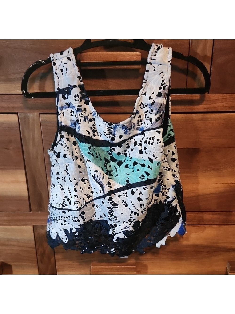 Bar III Navy and White Lace Feminine Preppy Casual Asymmetrical Cropped Tank Top